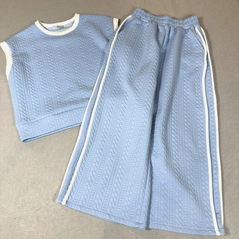 Why Dress Set Pants and Top Womens Small Textured Blue White Wide Leg Comfort